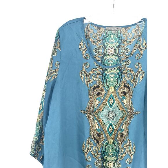 Roz & Ali Womens Boho 1X Teal Baroque Print Blouse 3/4 Sleeve Bubble Hem Top - Picture 3 of 16